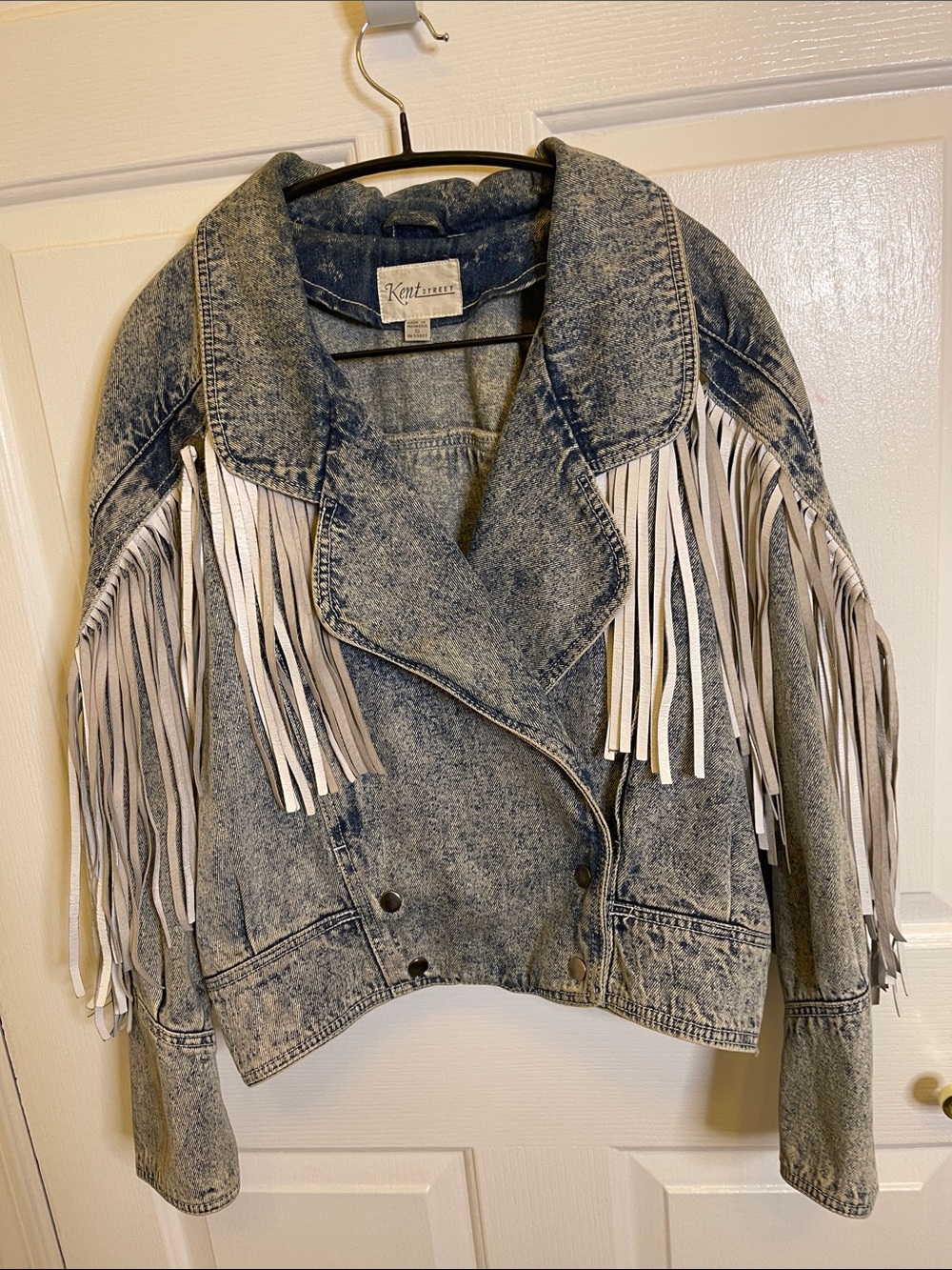 KENT street   Vintage White Fringed Acid Wash Double Breasted Denim Jacket